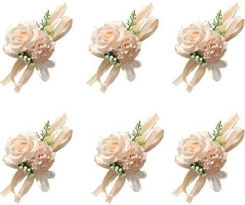 Set di corsage da polso e boutonniere, Bouquet da Sposa con Fiori Finti, per Sposa, Sposo, Sposa, Damigella D'onore, Donne, Cerimonia di Ritorno a Casa, Anniversario Rosa Chiaro Confezione da 6