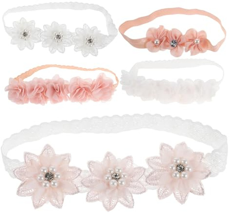 DECHOUS 5 Fasce per Chioma Floreali Elastiche per Neonate Fiocchi e Perline Cerchietti Decorativi per Bambine Accessori per Damigelle D’Onore e Eventi Speciali Set Multicolore Rosa e