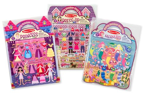 Melissa & Doug Puffy Sticker Activity Books Set of 3 – Dress-Up, Princess & Mermaid, with 208 Reusable Stickers and Fold-Out Scenes, Mess-Free Travel Toys for Kids Ages 4+ - FSC Certified