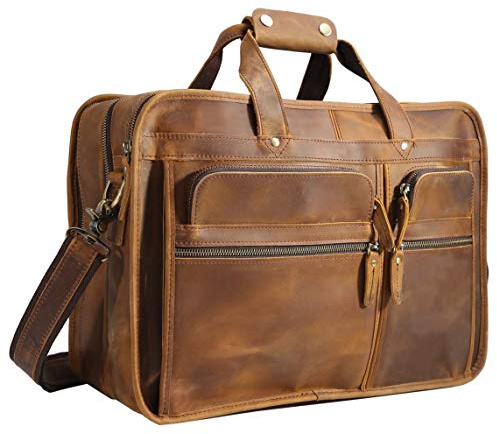 Polare 17'' Full Grain Leather Briefcase Laptop Attache Case Messenger Bag For Men Fits 15.6'' Laptop
