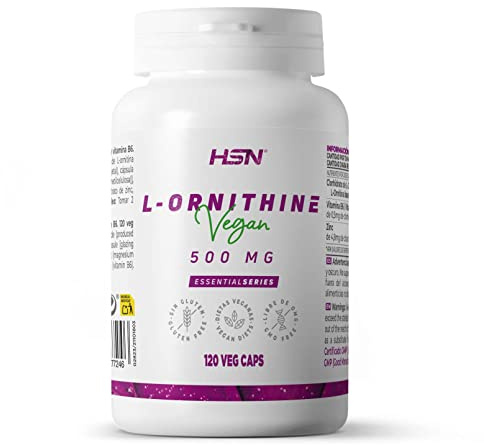 Ornitina 500mg de HSN | 120 Cápsulas Vegetales 3 Gramos de L-Ornitina MonoClorhidrato por Dosis Diaria | No-GMO, Vegano, Sin Gluten