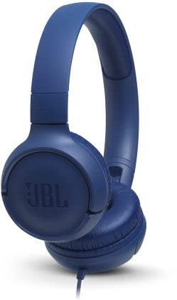 JBL Tune 500 Auriculares supraaurales de cable y control remoto de un solo botón, micrófono incluido, asistente de voz, azul