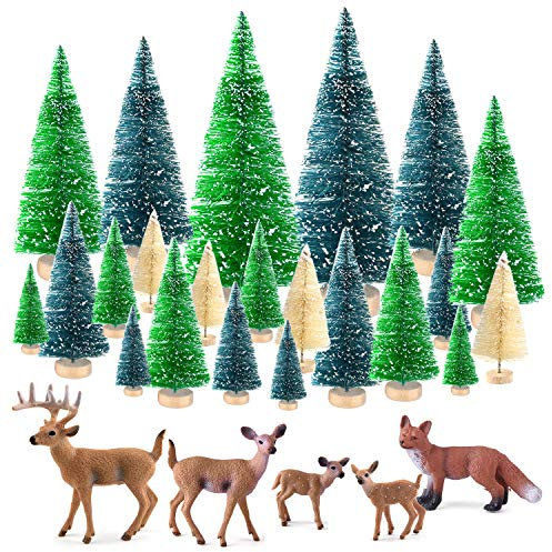 KUUQA 25 Stücke Mini Sisal Bäume Flasche Pinsel Bäume Schnee Frost Bäume mit Miniaturfiguren Wald Tiere Hirsch Fuchs Tischplatte Handwerk DIY Room Decor Mini Weihnachtsdorf Dekoration