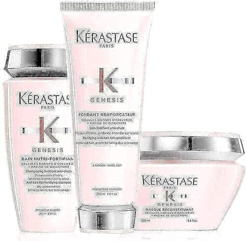 Kérastase hårvårdsset Genesis Bain Nutri-Fortifiant 250 ml, Genesis fondant Renforcator 200 ml och Masque Reconstituant 200 ml (schampo, sköljning och mask)