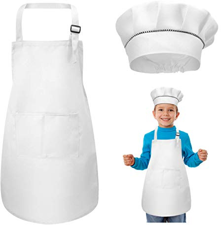 Bambini Grembiule e Cappello da Cuoco Set, Regolabile Bambino Grembiule da Cucina con 2 Tasche per Ragazze Ragazzi, Grembiuli da Chef per Cucinare Cottura Pittura Artigianato (7-13 Anni) (Bianca)