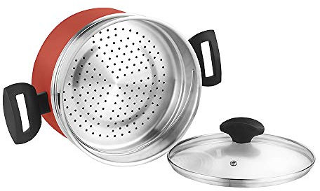 Fagor Maxima Olla Vaporera Inducción 20 cm, Cacerola Aluminio Forjado, Steamer Acero Inoxidable, Tapa de Cristal, Antiadherente sin PFOA, Apta para Todas Las Cocinas, Vitrocerámica, Gas, Rojo