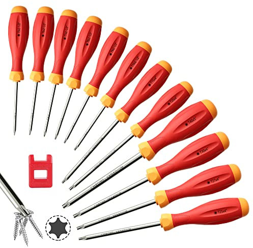 XOOL Juego de Destornilladores Torx Magnéticos, 12 en 1 con T5 T6 T7 T8 T9 T10 T15 T20 T25 T27 T30 T40, Empuñadura Ergonómica, Acero CRV, Resistente a la Corrosión para Reparaciones y Bricolaje