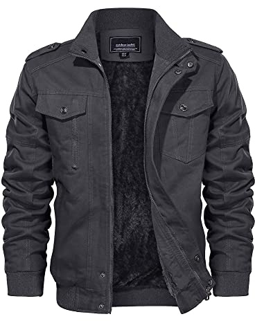 EKLENTSON Men's Fleece Jacket Winter Military Cargo Jacket Outdoor Windproof Coat with Multi Pockets,Grey,L