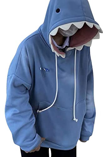 Hoodie Damen Oversize Süße Hai-Hoodie Kapuzenpullover Langarmshirt Oberteiles Pullover mit Kapuze Taschen Casual Langarm Haifisch Sweatshirts Herbst Winter Pullover Tops Pulli Kapuzenpulli Sweatjacke
