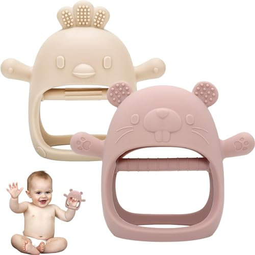 Beißring Baby, 2 Stück Baby Spielzeug 6 9 12 Monate, Zahnungshilfe Baby ab 3 Monate, Handschuh Beissring Baby, Fäustling Beißspielzeug Geschenke für Kleinkinder (Beige + Rosa)