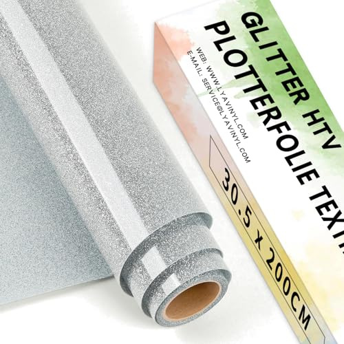 Lya Vinyl Pellicola per plotter glitter in tessuto, 30,5 cm x 200 cm, colore argento, per Cricut, Silhouette Cameo, pellicola di trasferimento da applicare con ferro da stiro per tessuti e magliette