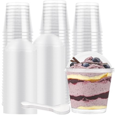 GBACHOOSE 100 vasos de postre 210 ml, reutilizables vasitos aperitivos plastico con tapa y cuchara, vasos de postre reutilizables para mousse, pudín, helados, yogur, gelatina, pasteles