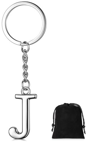 Gulfmew Schlüsselanhänger Buchstaben Silber Initialen Schlüsselbund Schlüsselanhänger Alphabet Autoschlüsselring Geschenk Taschenanhänger für Frauen Männer Freunde Familie (J)