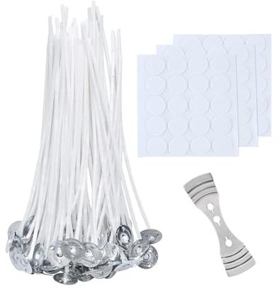 KGDUYC 50 Stück Kerzendochte für Kerzen, 10cm Kerzendochte mit 60 Stück Kerzendocht Aufkleber, vorgewachst mit Soja Wachs,Natürliche Bio-Baumwolle,Kerzen Docht für Die Kerzenherstellung Candle DIY