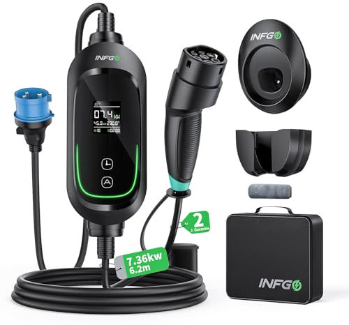 INFGO Mobile Wallbox 7,36kW [1-phasig, 6,2m, 6-32A], EV Charger mit Einstellbarer Ladeleistung, Timer-Funktion, Typ 2 Ladekabel CEE Stecker für Model Y/3, ID.3, i4, EQB, e-tron usw., Schwarz