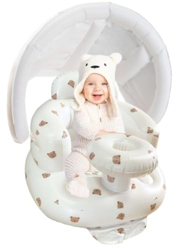 Siège gonflable pour bébé pour bébés de 4 à 24 mois, canapé de soutien dorsal pour bébé, support d'assise au sol pour apprendre à s'asseoir (ours + baldaquin)