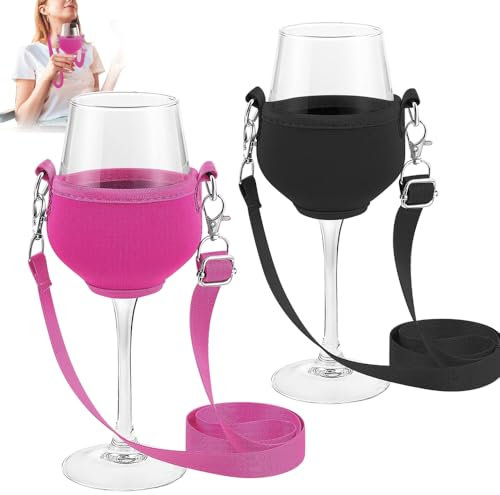 2 PCS Support de Verre à Vin à Porter Autour du Cou, Porte-verres à vin à Suspendre, Porte-Verre à Vin pour Cou avec Lanière Support, pour Maison Pub Restaurant Anniversaire Mariage Fête(Rose et Noir)