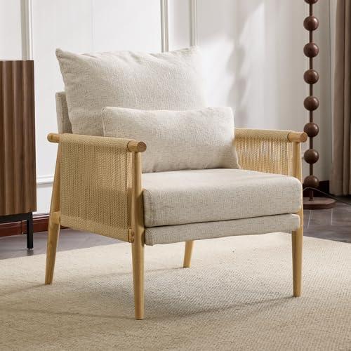 Bonnlo Rattan Chair,Mid-Century Modern Armchair with Solid Wooden Armrest,Comfy Louge Chair with Waist Pillow, Perfect for Bedroom,Living Room,Reading Room