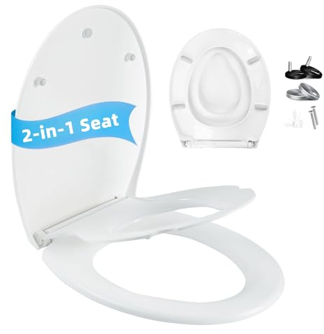 Tapa WC Universal Familiar 2 en 1 Asiento Infantil Integrado, Tapa de WC con Asiento de Inodoro para Niños, Cierre Suave Autodescenso, Remoción con 1 Botón, Fácil Limpieza, Forma O, Blanco