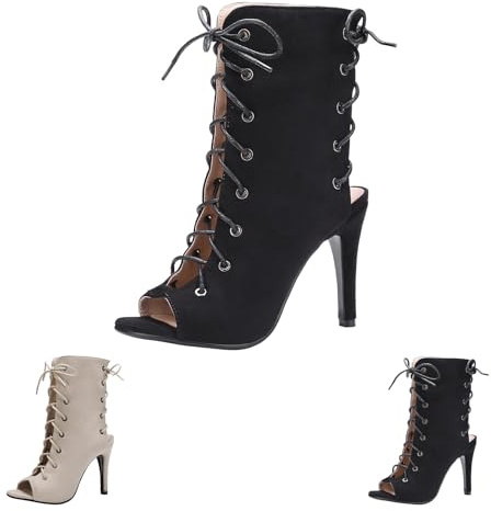 Botas de Baile Latino Mujer Zapatos Botines de Baile Botas Tacón Alto Heels Dance Shoes Botas Gladiador Romanas con Cordones Cómoda Flexible Tobillo Transpirable de Malla Bailes Punta Peep-Toe