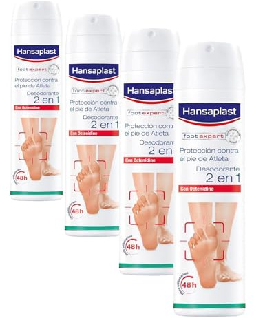 Hansaplast Desodorante para pies 2 en 1, elimina el mal olor de pies, previene el pie de atleta, protección desodorante durante 48 horas, 150 ml (Paquete de 4)