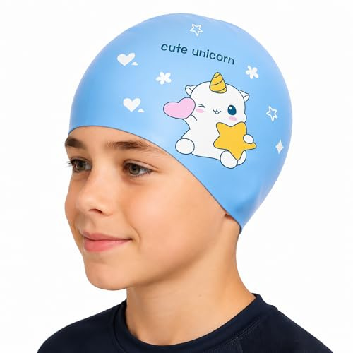 Waterproof Silicone Swimming Cap for Kids 4-12 Years with Cute Cartoon Bear Pattern - Comfortable Anti-Slip Fit, Extra Space for Long Thick Hair