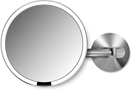 simplehuman, Brushed 8 Round Wall Mount Sensor Makeup Mirror, 5x Magnification, Hard-Wired (100-240v), Stainless Steel, 8