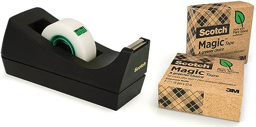 Scotch Magic Tape Dispenser - 100% Recycled Plastic Dispenser - Black - Includes 3 Rolls of Scotch Magic Invisible Tape A Greener Choice 19mm x 33m - Ideal for School, Home and Office