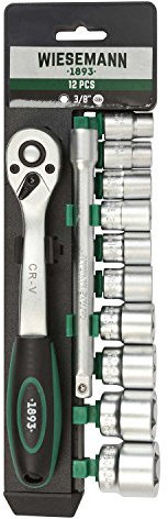 WIESEMANN 1893 Juego de 12 vasos 10-24 mm para llave de carraca de 3/8 y soporte Acero al cromo vanadio| Portapuntas de 150 mm | Vasos hexagonales I 80133
