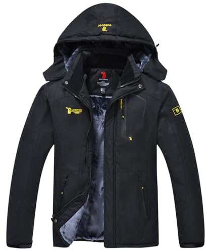 donhobo Men's Fleece Jacket Winter Waterproof Warm Ski Jackets Windproof Coat with Zip Pockets Hood(Black,XL)