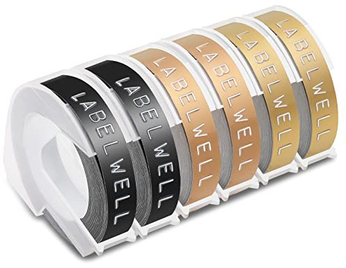 Labelwell 6x 9mm x 3m Kompatibel 3D Prägeband Ersatz für Dynmo Vinyl-Prägeetiketten Selbstklebend für Dynmo Omega Etikettenprägegerät Junior Prägegerät E-303 E-101, Schwarz / Gold / Champagnergold
