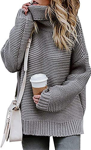 Imuedaen Pullover Damen Elegant Rollkragenpullover Langarm Strickpullover Lässiges Stricken Pulli Winter Sweatshirt Oberteile (A Grau, XL)