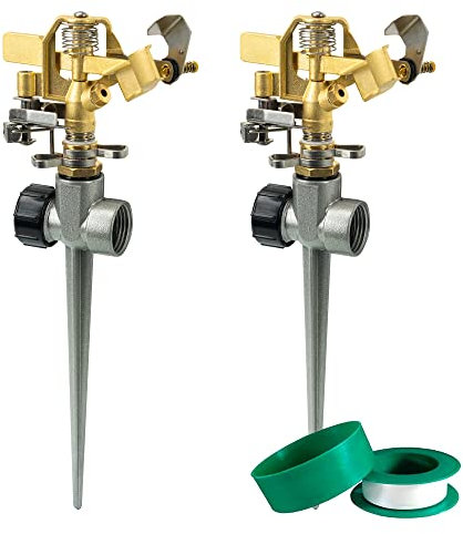 Hourleey 2-pack slaggräsmatta sprinkler för gården, kraftigt vattensprinklerhuvud med aluminiumlegering spikbas, justerbar pulserande sprinkler för stort område gräsmatta uteplats trädgård