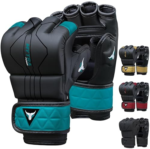 Mytra Fusion Guantes MMA con Palma Abierta ventilada Guantillas MMA Kickboxing, Grappling, Entrenamiento, Lucha en Jaula Guantes de Artes Marciales Mixtas (L, Black/Turquoise)