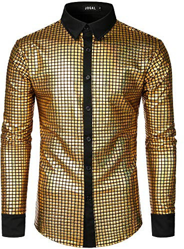 JOGAL Herren Langarm Pailletten Kleid Glitzer Hemd 70er Disco Party Kustüm Gold Mittel