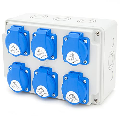 ELS Elektrotechnika Répartiteur de courant mural 6 x 230 V - IP54 - Distributeur de courant de chantier - Prêt à raccorder - Atelier - Garage - IP44