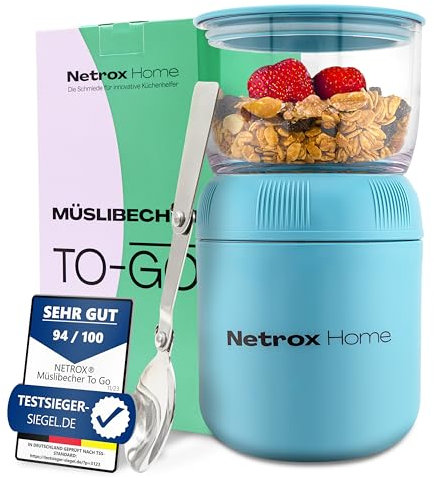 NetroxHome - Müslibecher To Go mit Löffel, Auslaufsicherer Joghurtbecher To Go aus Edelstahl, Lunchbox, Müslibecher - To Go Becher für Müsli, Joghurt, Porridge, Suppen - Müsli To Go Becher - Kinder