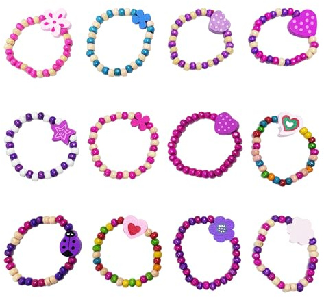 OAAO 12 Pcs Children Bracelets, Wooden Girl Bracelet, Cartoon Children's Accessories, Girls Beaded Bracelets, Jewellery Sets for Children's, Kids Party Favors (Multicolor, One Size)