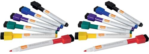 Nobo Mini Whiteboard Pens With Magnetic Eraser Cap, 2mm Fine Tip, Pack of 12, Dry Wipe/Erase, Low Odour, Assorted Colours, 1903792