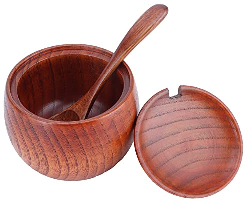 Caja de Sal de Madera, Contenedor de Condimentos Vintage con Tapa y Cuchara para Utensilios de Cocina, Elegante Recipiente de Almacenamiento de Madera, Bodega de Especias de Madera