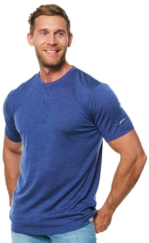 Merino.tech T Shirt Lana Merino - Intimo Termico Uomo Lana Merinos - Maglietta Trekking Uomo con Strato Base Leggero (Windsor Blue Henley, Large)