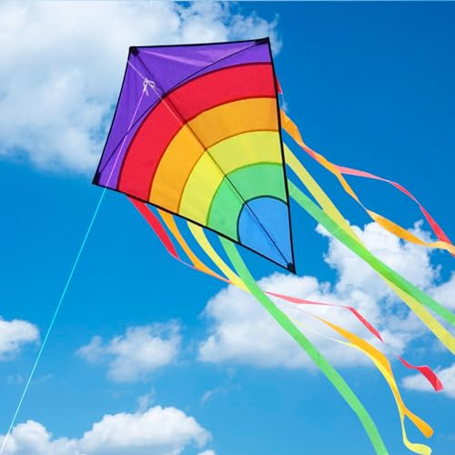 Drachen Flugdrachen für Kinder - Regenbogen 64x75cm, Mit 100m Drachenschnur und Streifenschwänze, Flugspielzeug Geschenke Ab 3 Jahren