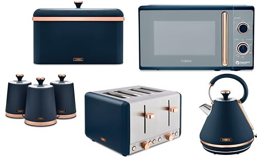 Tower Cavaletto 1.7L 3KW Pyramid Kettle, 4 Slice Toaster, 800W 20L Microwave, Bread Bin & Canisters Matching Kitchen Set of 7 in Midnight Blue with Rose Gold Accents