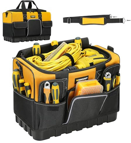 WINHUNT Open Mouth Tool Bag, Heavy Duty Electrician Tool Bags, Tool Storage Organiser with Waterproof Hard Base, Yellow/Black, 16 Inch