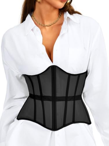 ChiaoLezhee Underbust Corset Belt for Women, Mesh Lace Up Boned Waist Cincher, Shapewear,Black,Medium