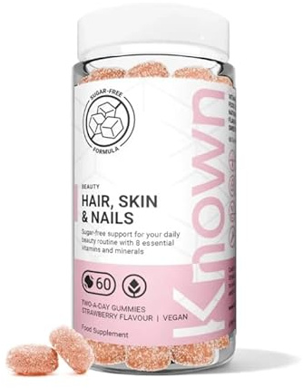 Known Tasty Sugar Free Hair, Skin & Nails Gummies – Multivitamin – Natural Strawberry Flavour – 60 Vegan Gummies, 1 Month Supply