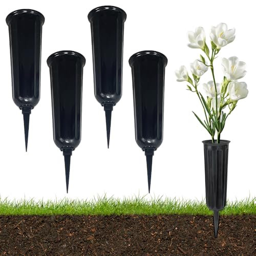 Jonuin Grave Vases with Spike, Cemetery Vase with Stake, 4 Pieces Flower Vases For Graves, Plastic Cemetery Flower Pots, Flower Vase Grave Decorations for Cemetery Headstone Graveside (Black)