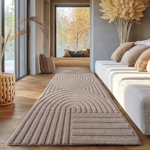 SIMPEX Skandinavischer Boho Teppich Einfarbig Beige 80x250 cm, Deko Teppich, Waschbar, 3D-Effekt, für Wohnzimmer und Schlafzimmer, Läufer