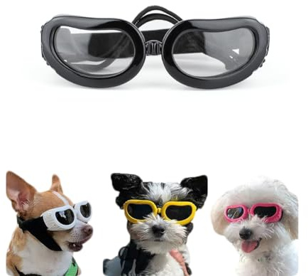 Occhiali da sole per cani di piccola taglia, protezione UV, occhiali per cani di piccola taglia, con cinturino regolabile, antivento, anti-appannamento (trasparente)
