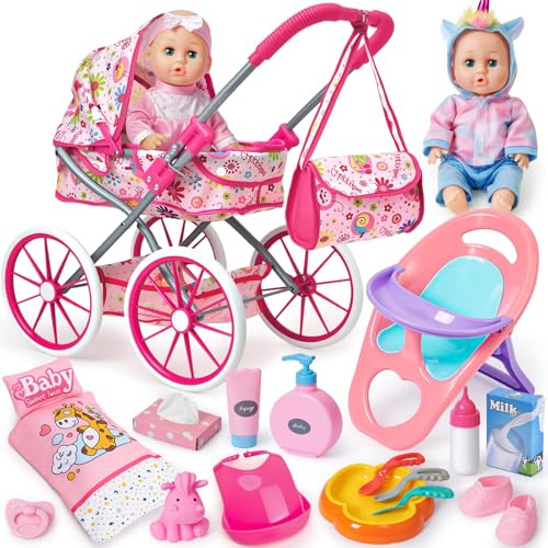 vamei Puppenzubehör für Baby Puppe, Puppen Zubehör mit Babypuppe & Puppenwagen & Hochstuhl & Puppenkleidung, Fütterung und Pflege Set Rollspiel Spielzeug Geschenk Mädchen Kinder 2 3 4 5 6 Jahre